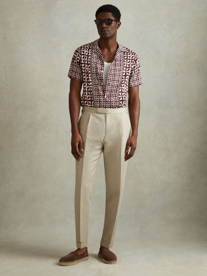 Geometric Print Cuban Collar Shirt in Tobacco (N96796) | US$77