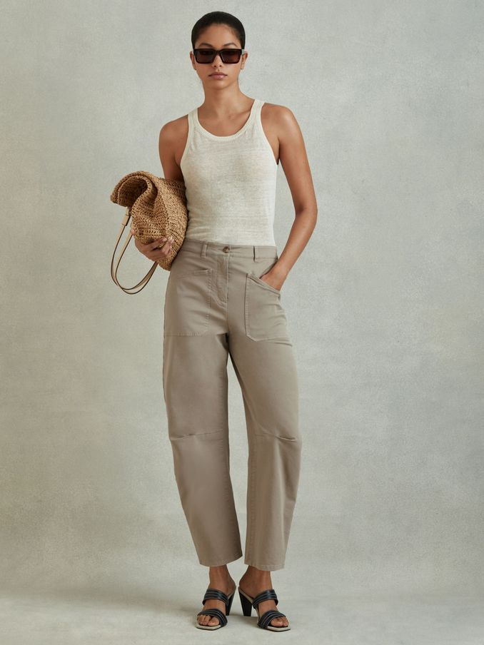 Cotton Blend Barrel Leg Trousers in Olive (N97229) | US$78