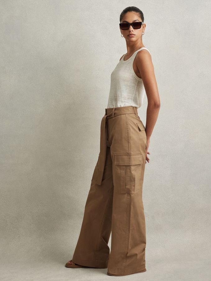 Petite Cotton Blend Wide Leg Cargo Trousers in Camel (N97233) | US$98