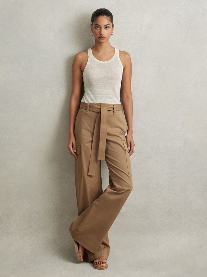 Cotton Blend Wide Leg Cargo Trousers in Camel (N97259) | US$98