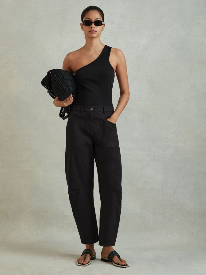 Cotton Blend Barrel Leg Trousers in Washed Black (N97262) | €110