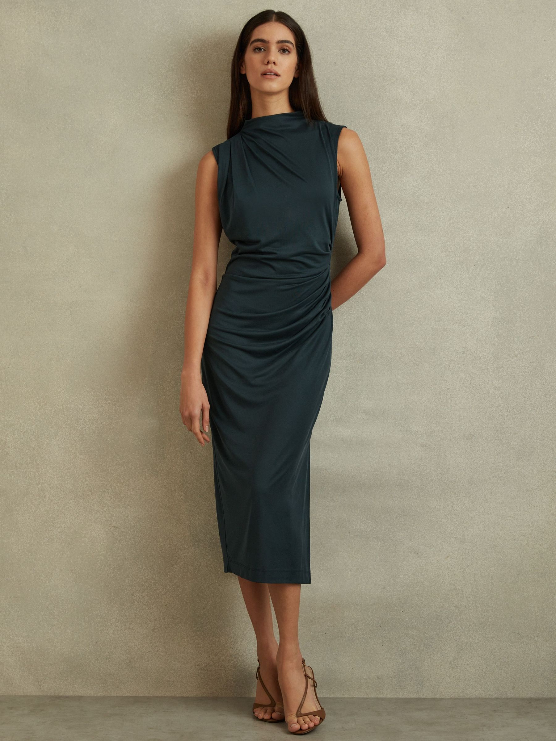 Modal Blend Ruched Midi Dress in Dark Green (N97264) | €84