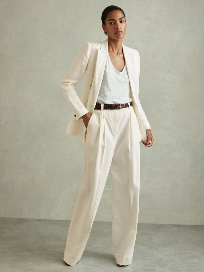 Cotton Blend Wide Leg Trousers in White (N97273) | US$78