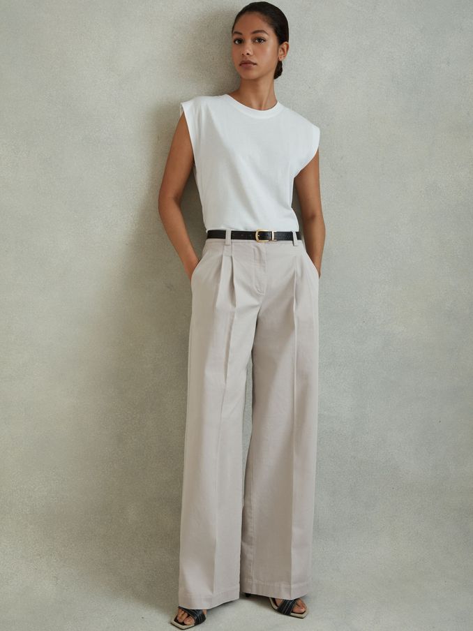 Cotton Blend Wide Leg Trousers in Grey (N97274) | US$78