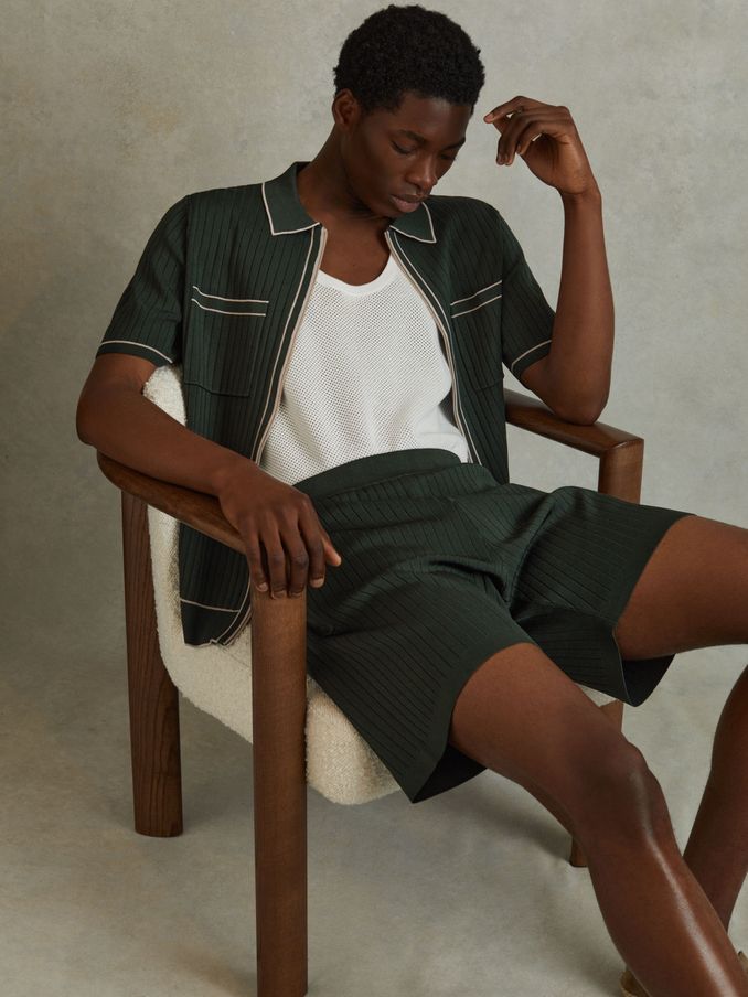 Ribbed Dual Zip-Front Shirt in Dark Green (N97329) | $143