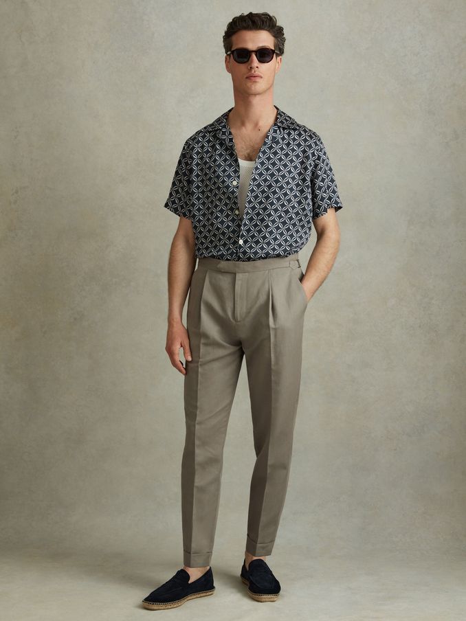 Relaxed Cropped Trousers with Turned-Up Hems in Light Khaki (N97352) | US$159