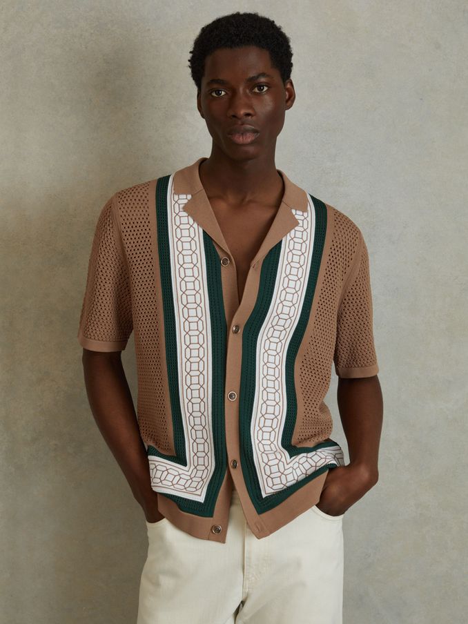 Embroidered Cuban Collar Shirt in Camel/Green (N97379) | AED269