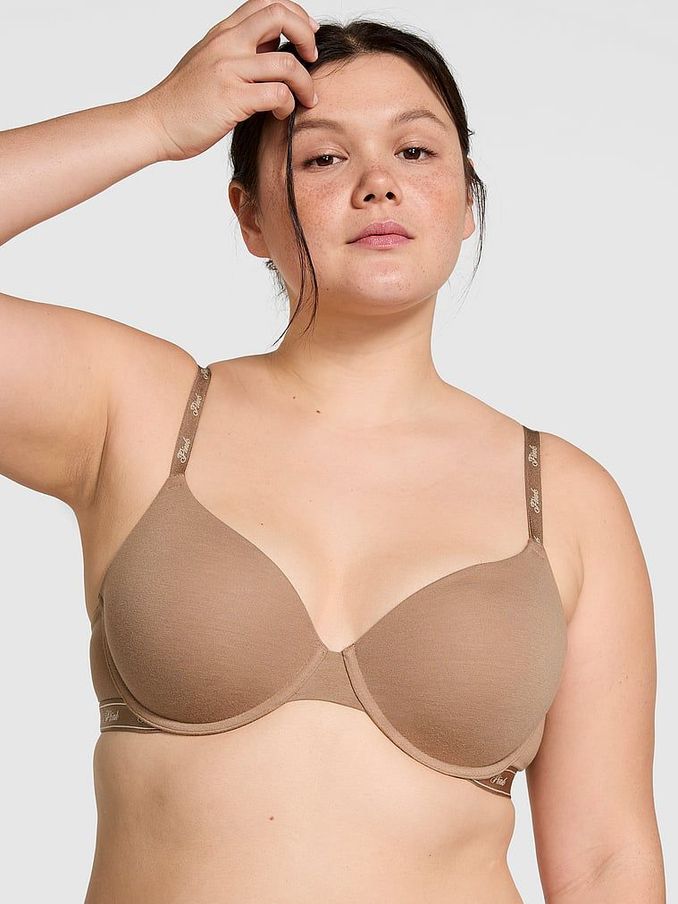 Brown Latte Lightly Lined Demi Cotton Logo Bra (N97391) | €12