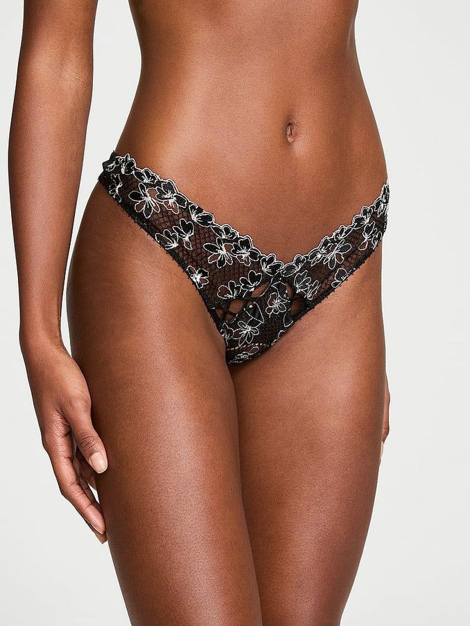 Black Ziggy Embroidered High Leg Thong Knickers (N97549) | €13