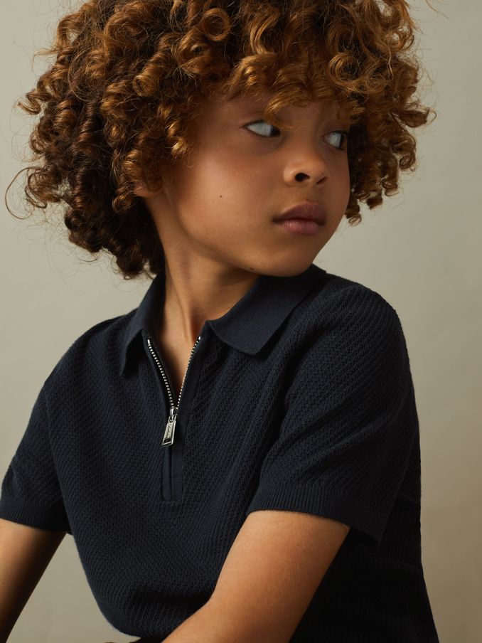 3-9 yrs Textured Quarter Zip Polo Shirt in Navy (N97900) | $17