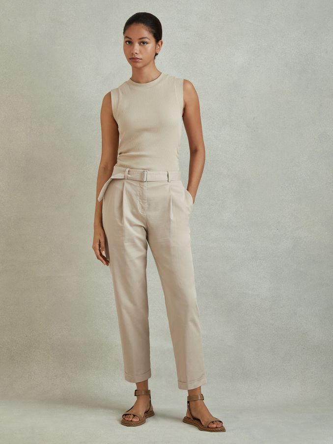 Cropped Cotton Blend Belted Trousers in Stone (N98048) | €70