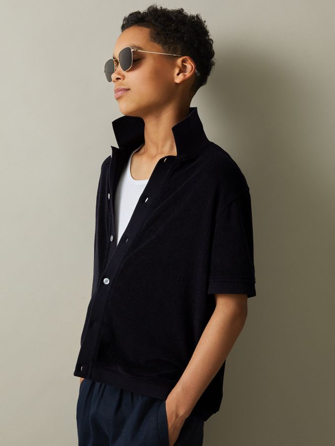 9-13 yrs Towelling Cuban Collar Shirt in Navy (N98051) | US$24