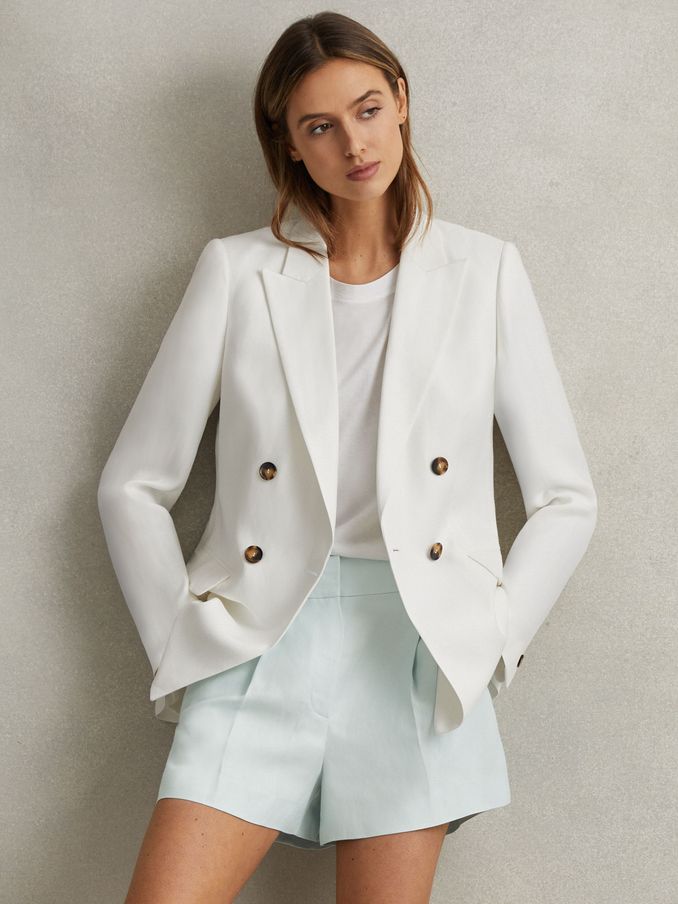 Viscose-Linen Front Pleat Suit Shorts in Blue (N99135) | US$94
