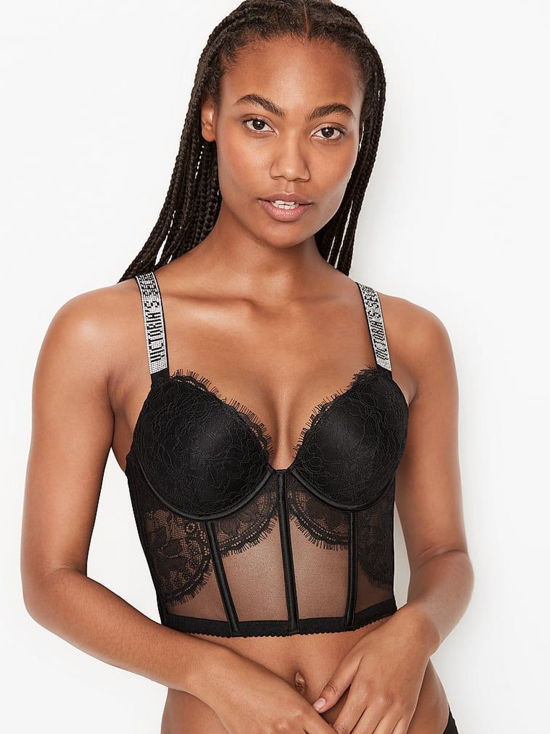 Black Lace Shine Strap Plunge Push Up Corset Bra Top (P38357) | €31
