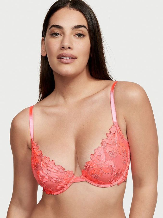 Coral Blossom Pink Floral Embroidered Lace Unlined Demi Bra (P51818) | €22