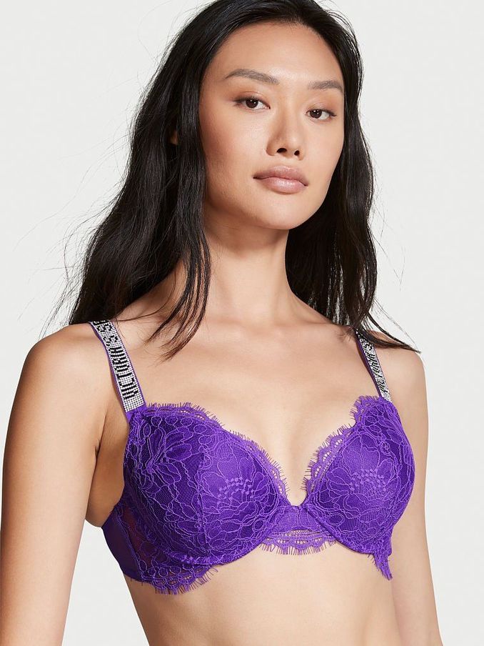 Bright Violet Purple Lace Shine Strap Plunge Push Up Bra (P54622) | €22
