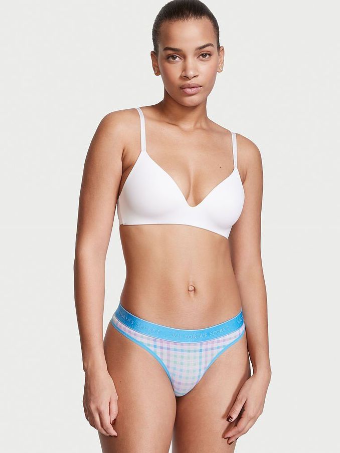 Serenity Blue Gingham Love Logo Cotton Thong Panty (P59311) | €3