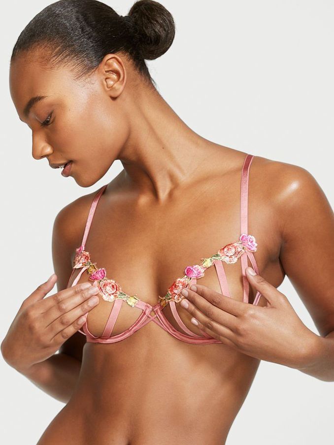 Dusty Rose Pink Rose Embroidered Open Cup Balconette Bra (P60949) | €22