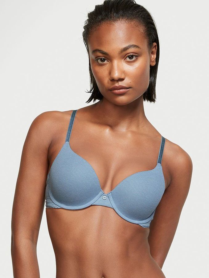 Faded Denim Blue Lace Trim Full Cup Push Up T-Shirt Bra (P62325) | €17