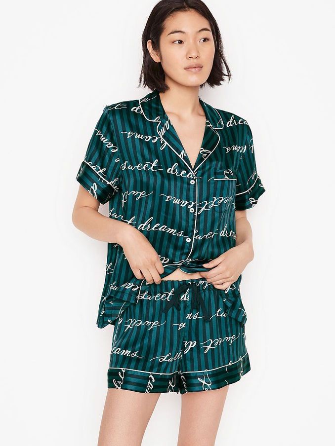 Noir Navy Blue Script Satin Short Pyjamas (P66688) | €34