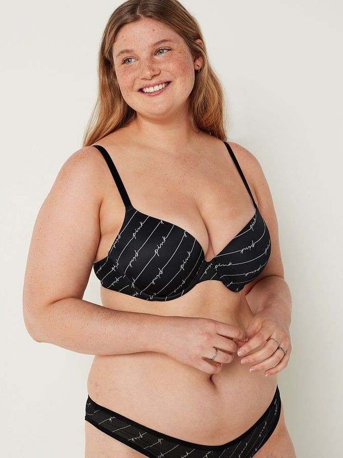 Pure Black Linear Script Smooth Push Up T-Shirt Bra (P66746) | €11