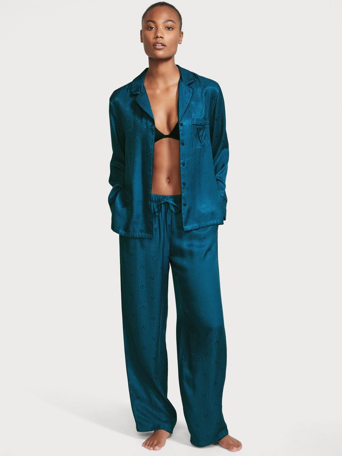Misty Jade Green Logo Stripe Satin Long Pyjamas (P68609) | €34