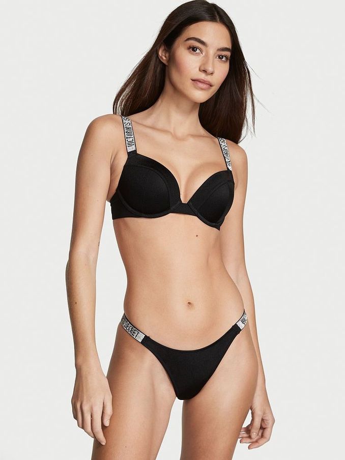 Black Push Up Shine Strap Swim Bikini Top (P68979) | €39