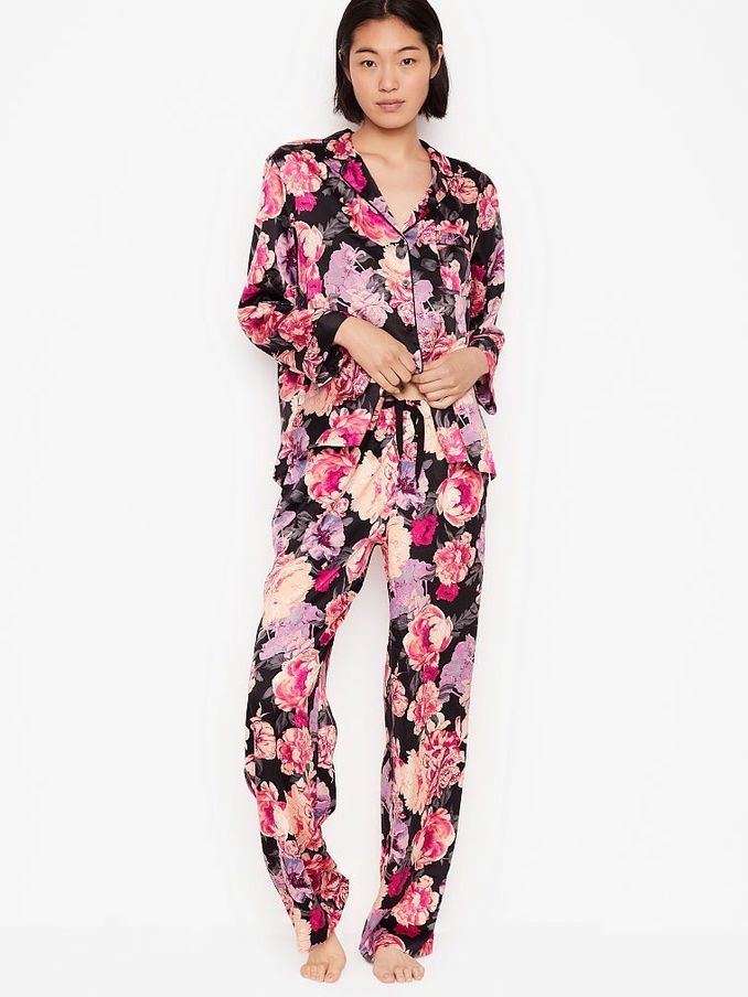 Black Floral Satin Long Pyjamas (P71207) | €29