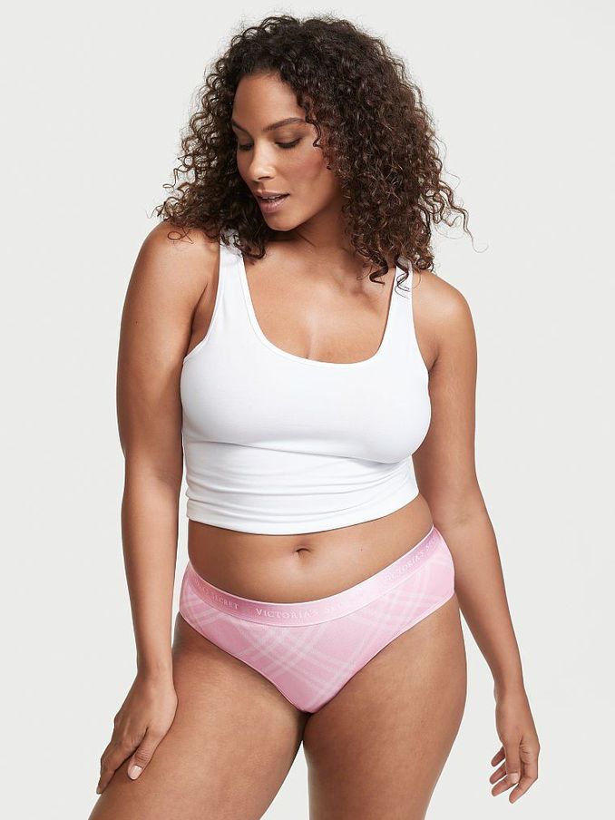 Pink Flora Simple Plaid Stretch Cotton Logo Waist Hiphugger Panty (P72273) | €4