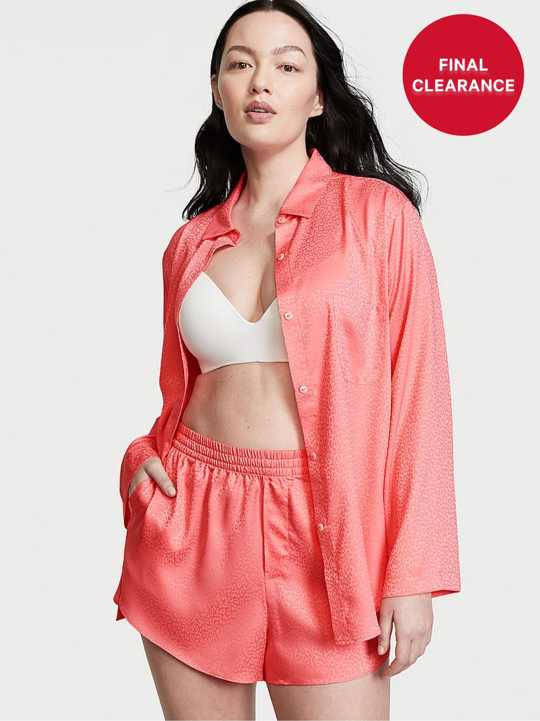 Pink Cocktail Leo Jacquard - Satin Long Sleeve Short Pyjamas