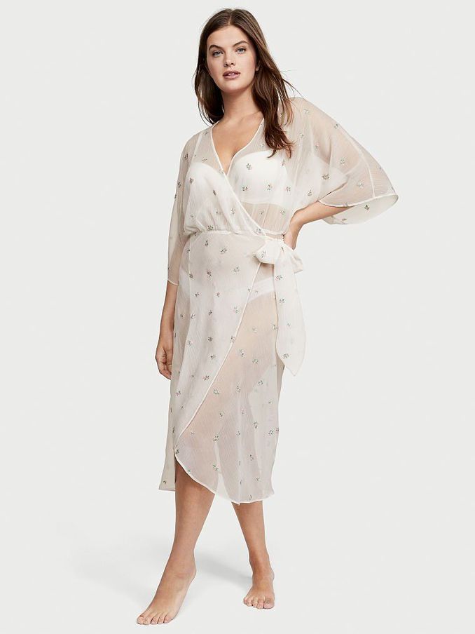 Coconut White Sheer Long Embroidered Robe (P74649) | €22