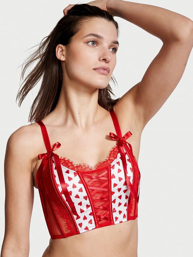 Red Unlined Lace Up Heart Print Corset Bra Top (P75592) | €27