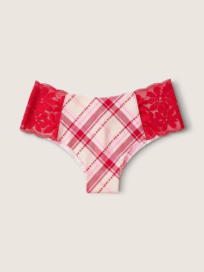 Light Ivory and Red Plaid NoShow Lace Trim Knickers (P77462) | €4