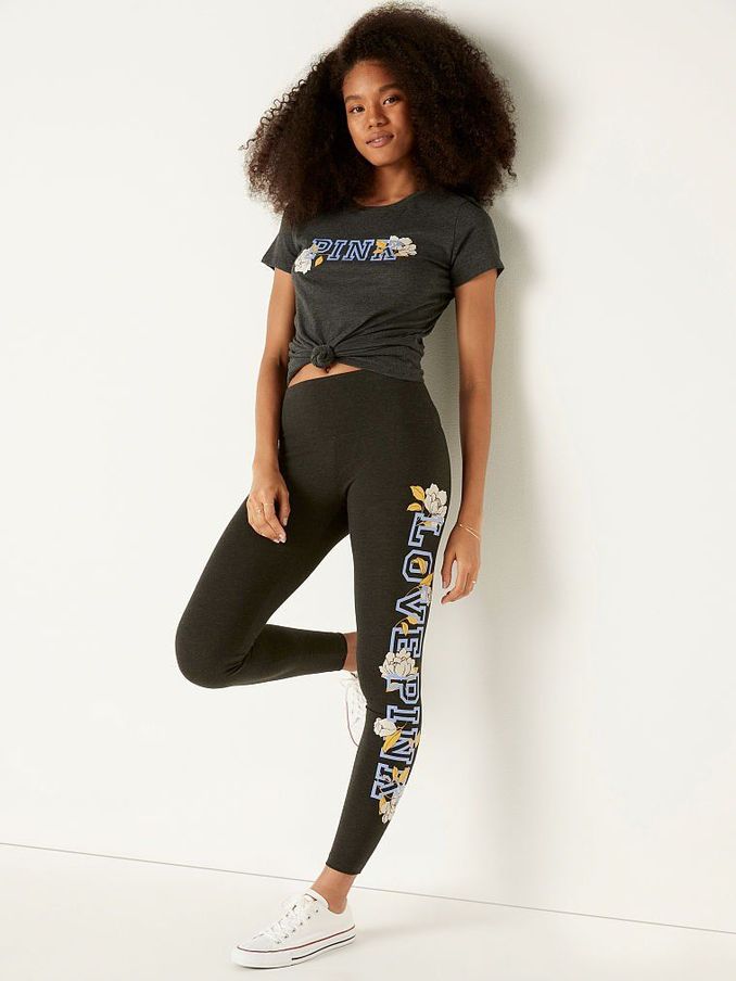 Pure Black Overt Floral Love Pink Cotton High Waist Legging in Full Length (P78821) | €13