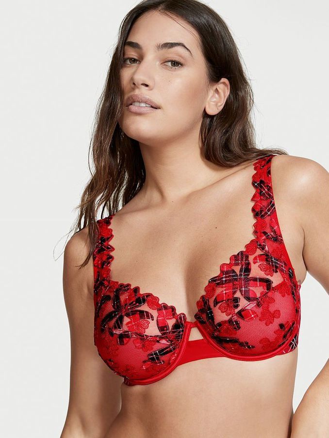 Plaid Red Floral Embroidered Lace Unlined Demi Bra (P78849) | €22