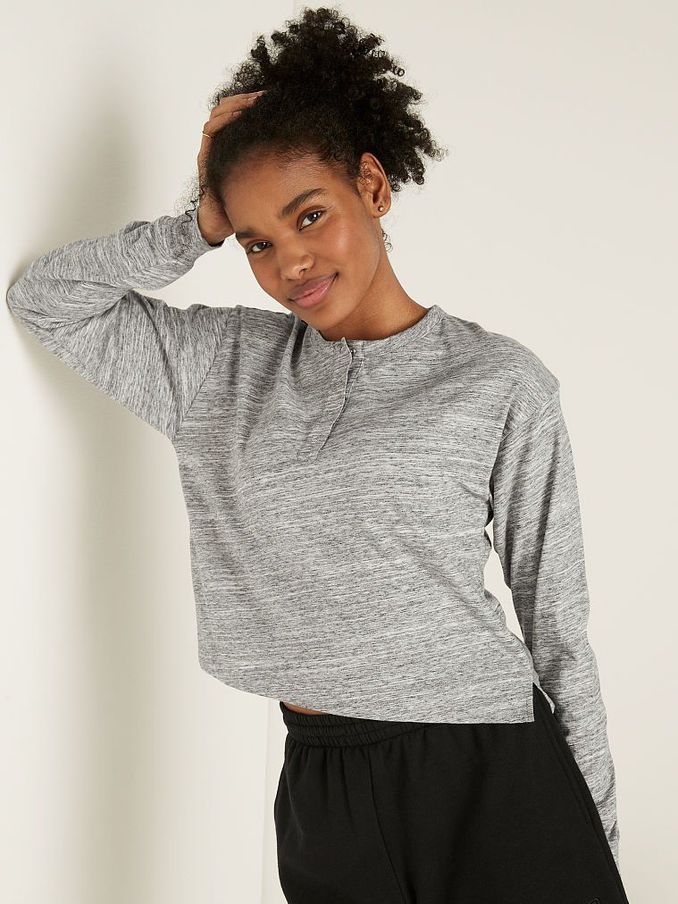 Heather White Tiger Campus Crop Long Sleeve Henley T-Shirt (P79566) | €11