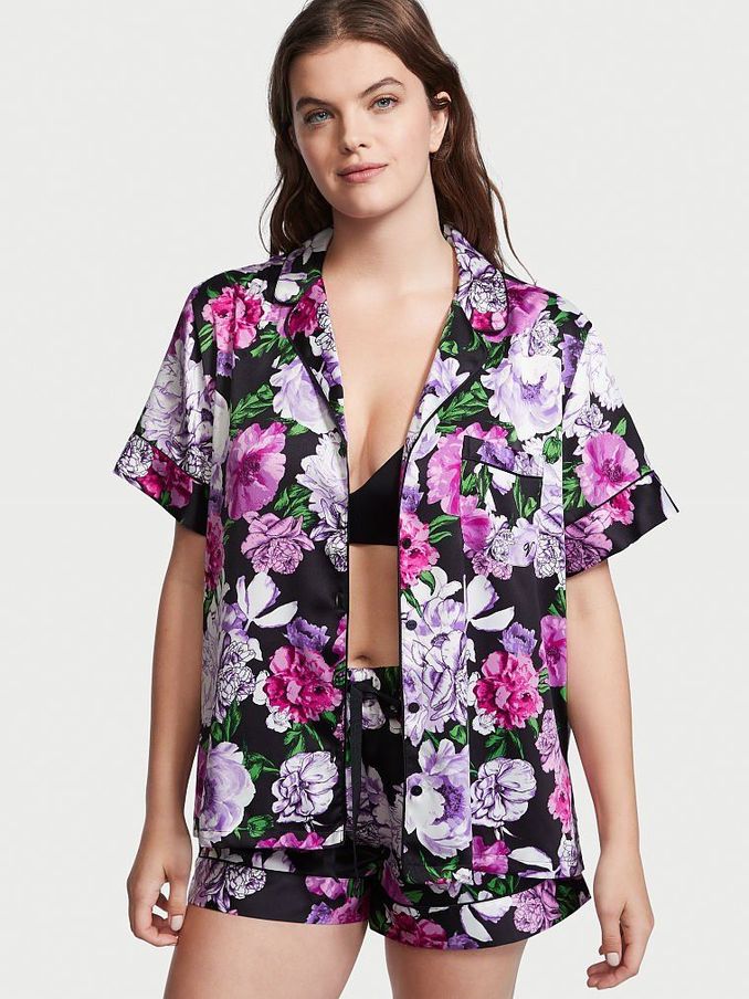Black Floral Satin Short Pyjamas (P80041) | €22