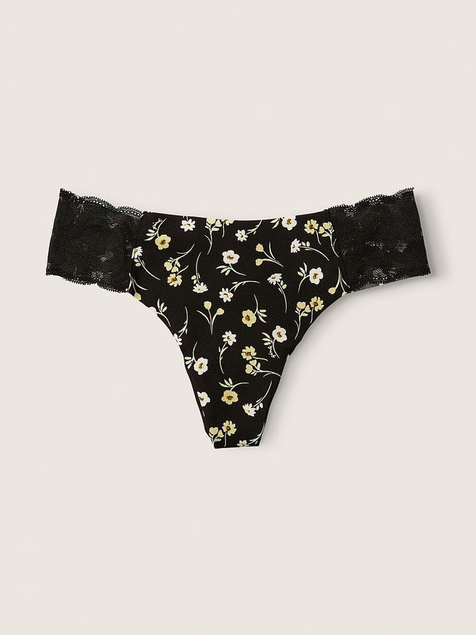 Pure Black Floral No Show Thong Knickers (P80231) | €3