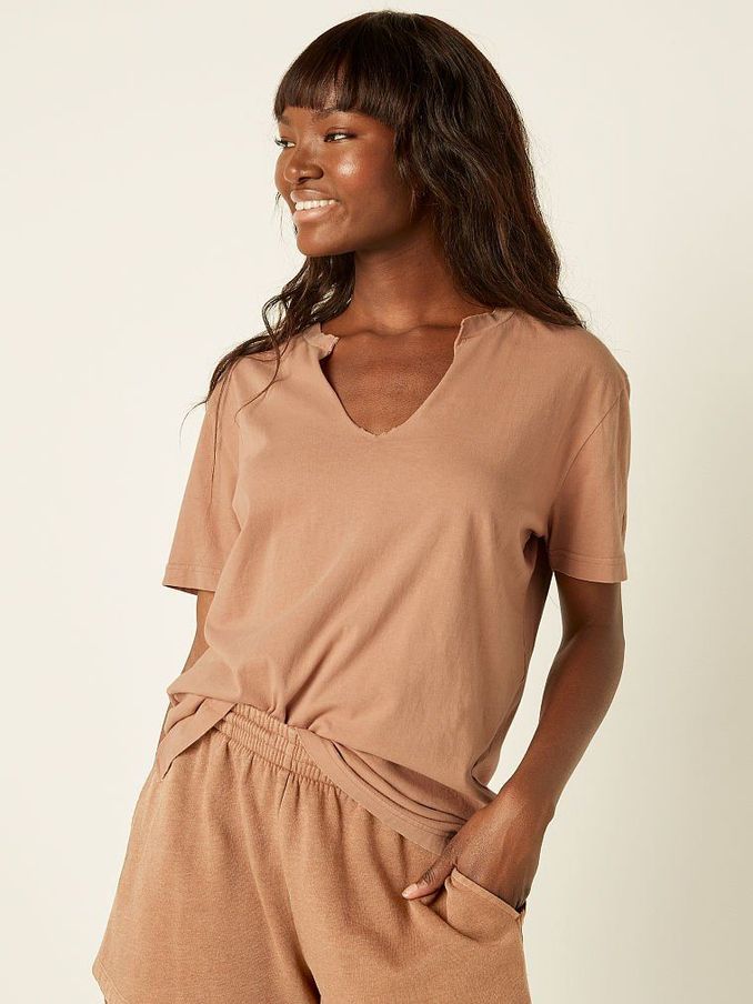 Mocha Latte Nude Campus Short Sleeve Notch Neck T-Shirt (P80270) | €11