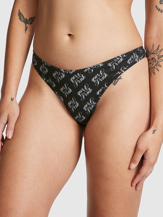 Pure Black Script Print Rib Cotton Thong Knickers (P82946) | €4