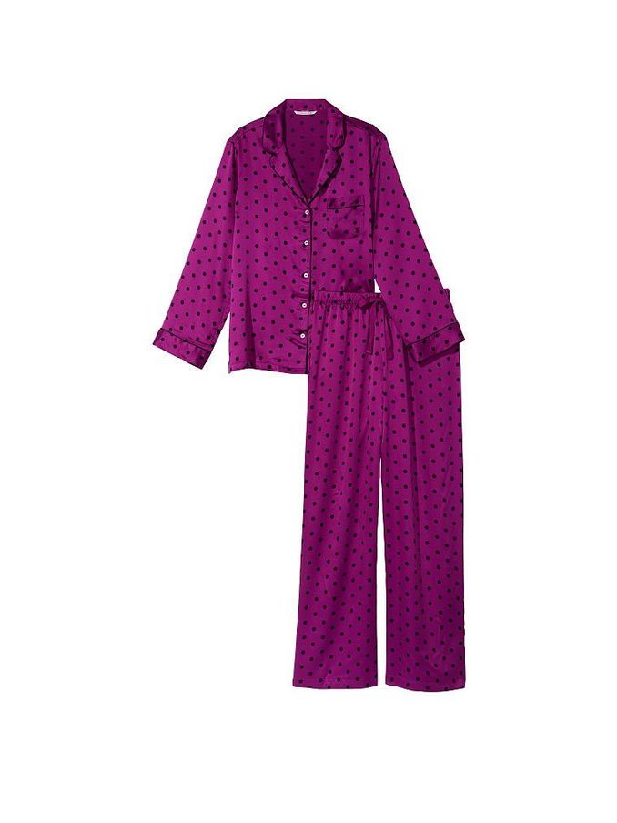 Raspberry Cooler Purple and Black Dot Satin Long Pyjamas (P89603) | €34