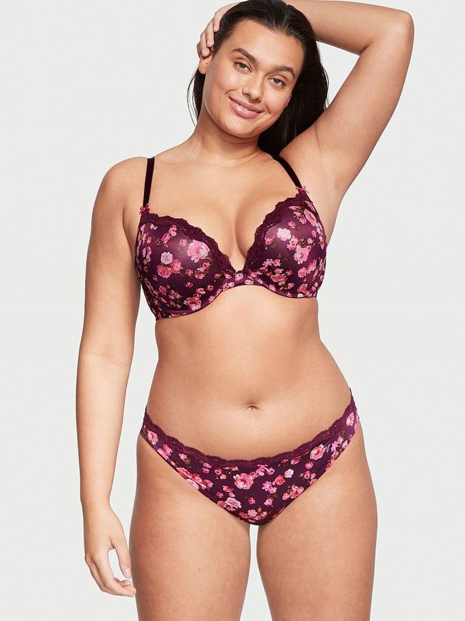 Peony Print Burgundy Purple Smooth Lace Wing Push Up Bra (P90958) | €22