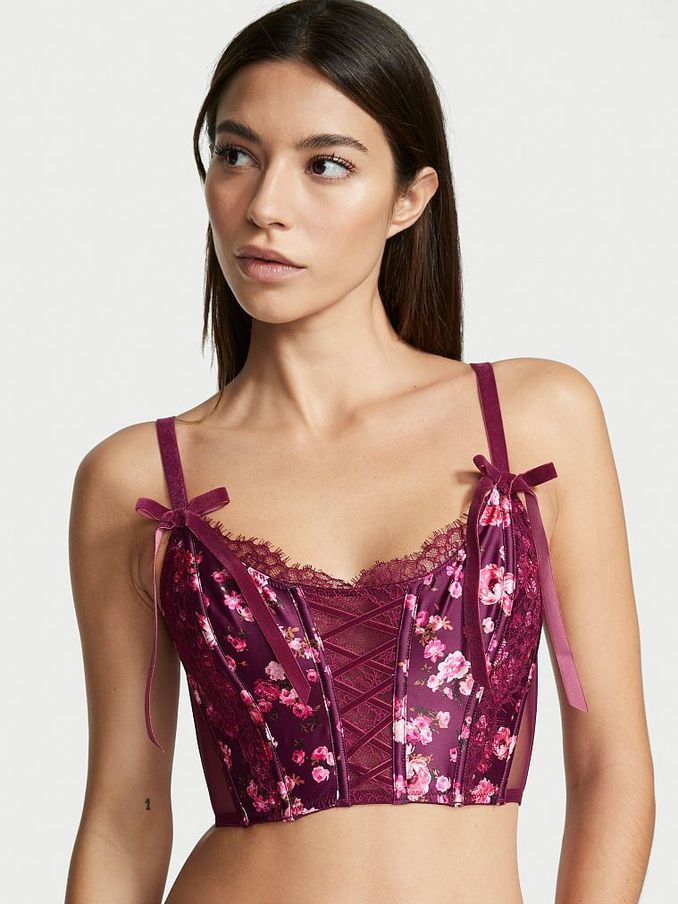 Peony Print Burgundy Purple Smooth Unlined Non Wired Corset Bra Top (P90990) | €17