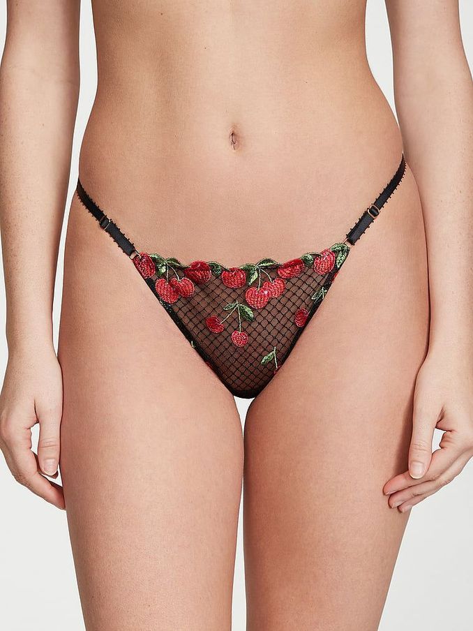 Cherry Black Thong Embroidered Knickers (P95650) | €11