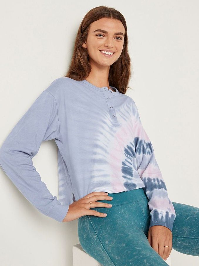 Blue With Placed Tie Dye Cotton Cropped Long Sleeve Campus Henley TShirt (P95770) | €11