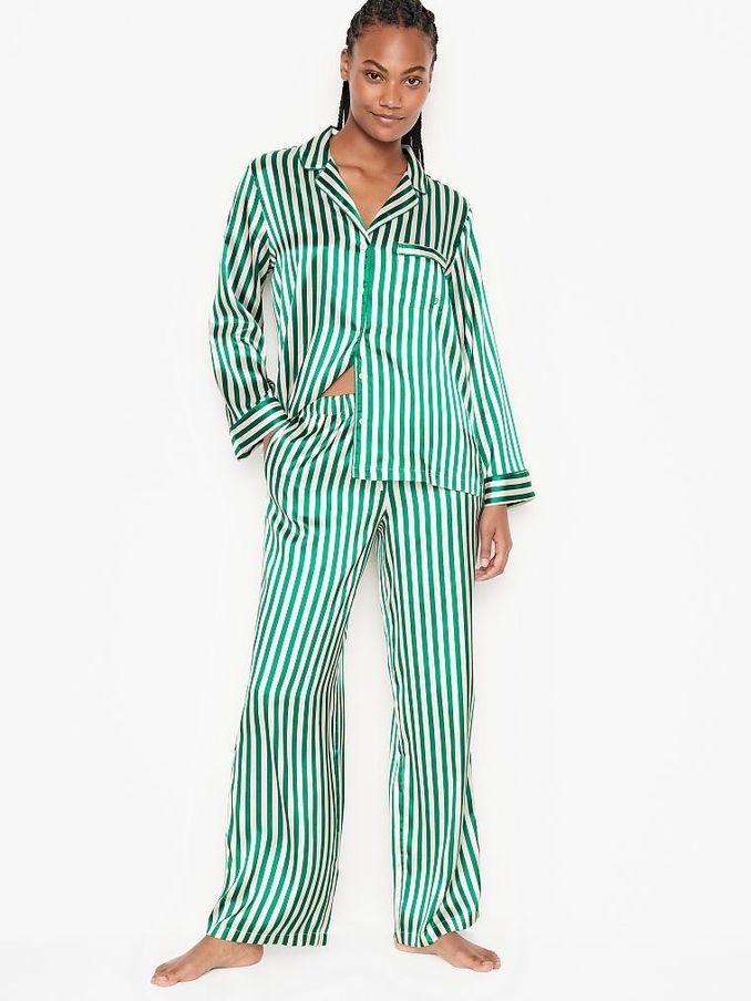 Rainforest Green Stripe Satin Long Pyjamas (Q00967) | €29