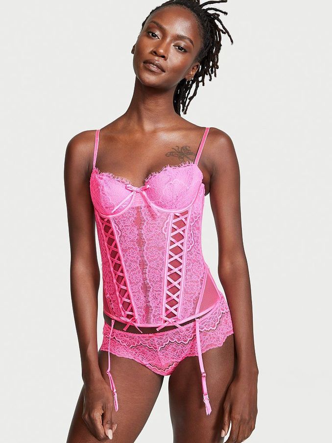 Neon Peony Pink Lace Lightly Lined Corset Bra Top (Q01545) | €22