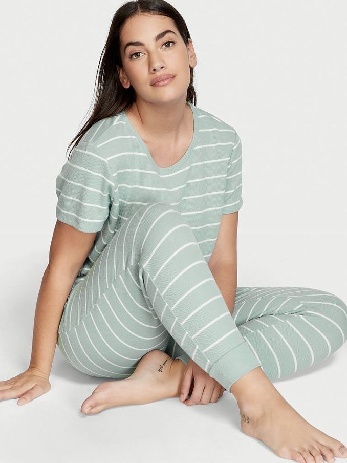 Sage Dust Green Stripe Waffle Long Pyjamas (Q02727) | €34