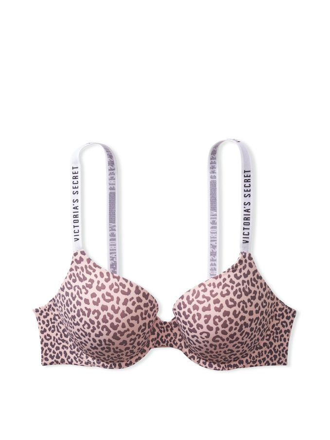 Pink Leopard Smooth Logo Strap Full Cup Push Up T-Shirt Bra (Q02750) | €11