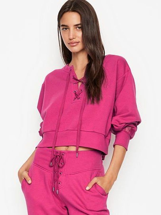 Berry Blush Cotton Fleece Lace Up Crewneck (Q04522) | €12